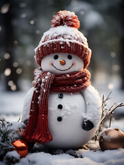 Christmas snowman on the snow background. Generated by AI