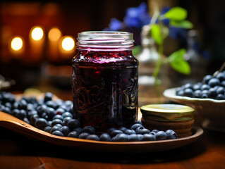 Blueberry jam in a jar on a background with berries. Generated by AI