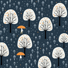 Slowly falling snow quirky doodle pattern, background, cartoon, vector, whimsical Illustration