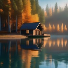 A tranquil lakeside cabin with a rowboat docked on a glassy water surface1