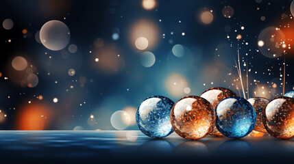 Christmas decoration background with shiny spheres in blue and orange tones.