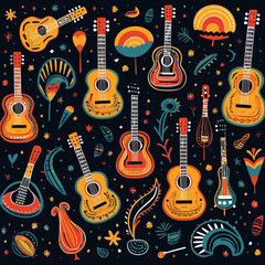 Folk instruments quirky doodle pattern, background, cartoon, vector, whimsical Illustration