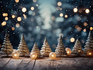 Poster sfondo natalizio nei toni dell'oro con tavolo di legno per inserimento prodotto, luci magiche sfocate e bokeh di sfondo dorato, , alberi di natale mini in primo piano © garpinina