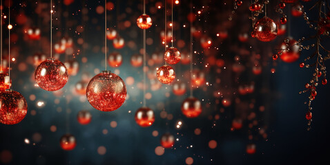 sfondo di Natale sui toni del rosso con palle di natale in primo piano rosse, fondale con luci magiche e bokeh ideale per biglietti di auguri - 662458509