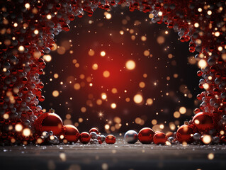 sfondo di Natale sui toni del rosso con palle di natale in primo piano rosse, fondale con luci magiche e bokeh ideale per biglietti di auguri - obrazy, fototapety, plakaty