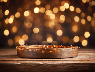 sfondo natalizio nei toni dell'oro con tavolo di legno per inserimento prodotto, luci magiche sfocate e bokeh di sfondo dorato, 