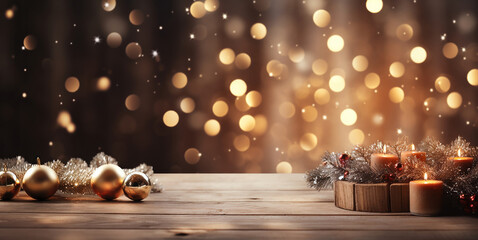 sfondo natalizio nei toni dell'oro con tavolo di legno per inserimento prodotto, luci magiche sfocate e bokeh di sfondo dorato, 