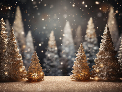 sfondo natalizio nei toni dell'oro con tavolo di legno per inserimento prodotto, luci magiche sfocate e bokeh di sfondo dorato, , alberi di natale mini in primo piano