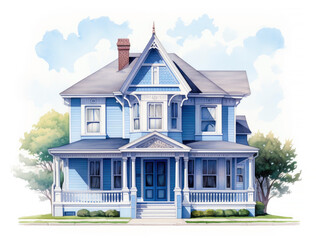 Wooden blue two-storey mansion surrounded by trees and with a walkway going straight to the porch in the style of watercolor drawing - obrazy, fototapety, plakaty
