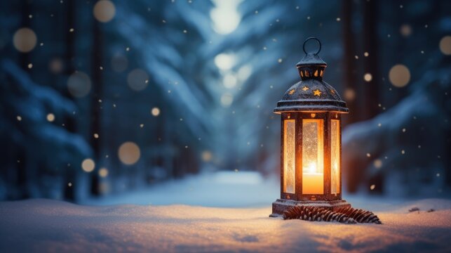 Glowing lantern in the snow surrounded by conifer cones. Winter background