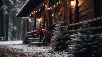 Closeup of snow-dusted pine needles with a softly lit rustic cabin in the distance - obrazy, fototapety, plakaty