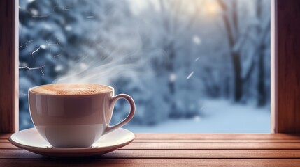 Obraz premium Steaming mug of hot cocoa on a wooden windowsill with a snowy landscape beyond