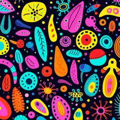 Macro quirky doodle pattern, background, cartoon, vector, whimsical Illustration