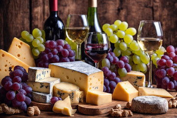 Wine, cheeses and grapes in a vintage setup. Generative Ai.