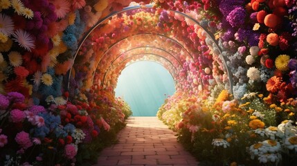  a tunnel of flowers with a pathway leading to it and a light at the end.  generative ai