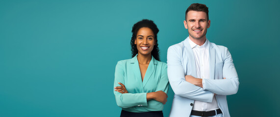 Smiling man and woman in office clothes standing side by side isolated on flat background with copy...