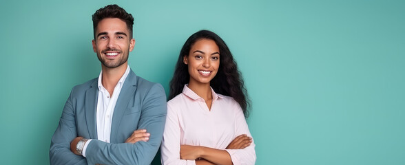 Smiling man and woman in office clothes standing side by side isolated on flat background with copy space. Job application banner template, vacancies, friendly team of employees.