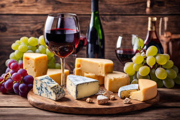 Wine, cheeses and grapes in a vintage setup. Generative Ai.