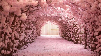  a tunnel of pink flowers with a white door in the background.  generative ai