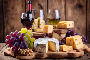 Wine, cheeses and grapes in a vintage setup. Generative Ai.