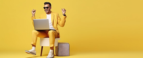 Joyful surprised man sitting with laptop on his lap in winning pose isolated on flat pastel background with copy space. Online giveaway banner template.  - obrazy, fototapety, plakaty
