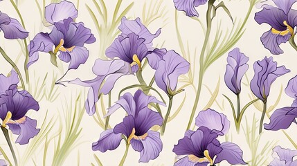  a bunch of purple flowers on a white background with green stems.  generative ai