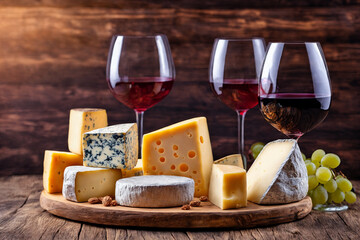 Wine, cheeses and grapes in a vintage setup. Generative Ai.