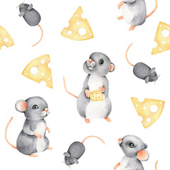 Mouse with cheese.Mice pattern.Watercolor mouse.Animal background