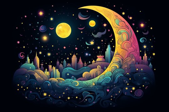 Colorful cartoon moon and stars against a dark background. Generative AI
