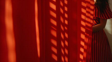A woman standing in front of a red curtain
