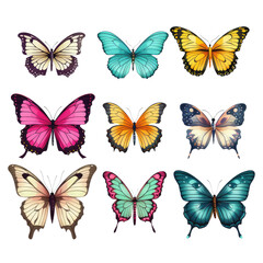 collection of different types of beautiful colorful butterflies on a transparent background