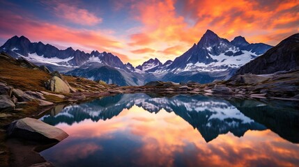  a mountain range is reflected in a still lake at sunset.  generative ai
