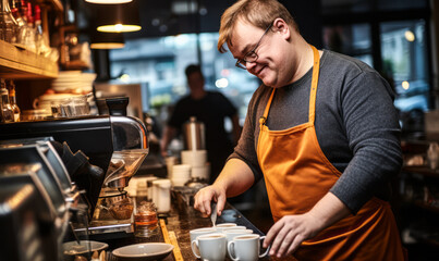Skilled Barista with Down Syndrome Crafting Coffee in Café - obrazy, fototapety, plakaty