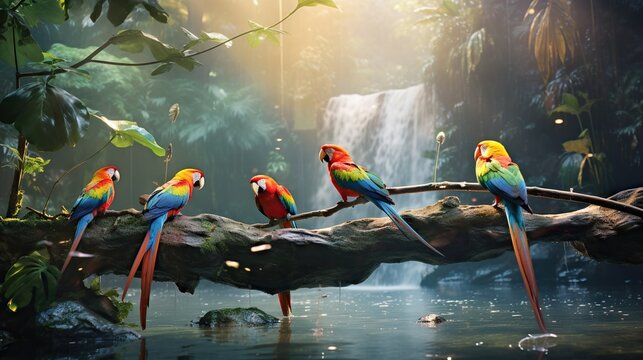  a group of colorful birds sitting on a branch in front of a waterfall.  generative ai