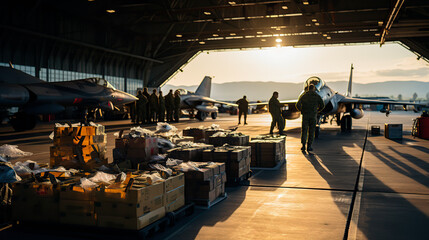 Sending humanitarian aid at a military airport - obrazy, fototapety, plakaty