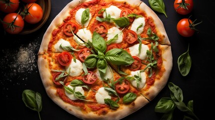  a pizza with tomatoes, basil, mozzarella and cheese.  generative ai