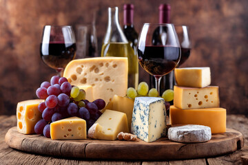 Wine, cheeses and grapes in a vintage setup. Generative Ai.