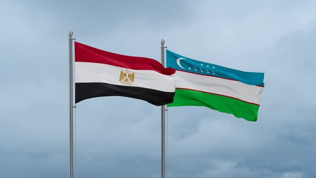 Republic of Uzbekistan and Egypt flag waving together on cloudy sky, endless seamless loop, two country cooperation concept