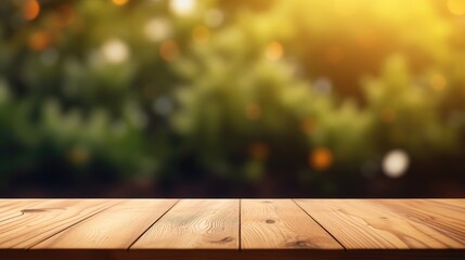 Naklejka na ściany i meble Empty Wooden surface for presentation with blurred garden background, mockup, Space for presentation product