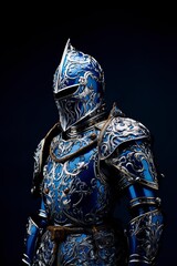 medieval knight in shiny metal armor on a blue background