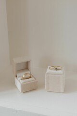 two wedding rings are sitting on a ring box in an empty box