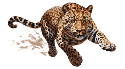leopard running and jumping on transparent background - obrazy, fototapety, plakaty