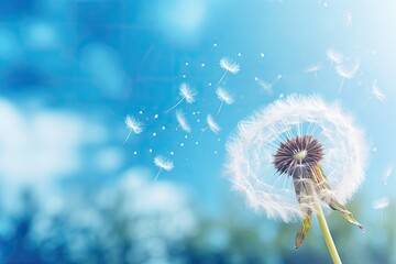 Dandelion flower on blue background with flying seeds, 3d rendering, close up of dandelion on the blue background, AI Generated