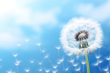 Dandelion flower on blue sky background with space for your text, close up of dandelion on the blue background, AI Generated