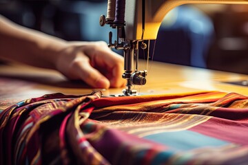 Close up of sewing machine with cloth. Sewing process concept, Close up of sewing machine and hand of seamstress working on fabric, AI Generated - obrazy, fototapety, plakaty