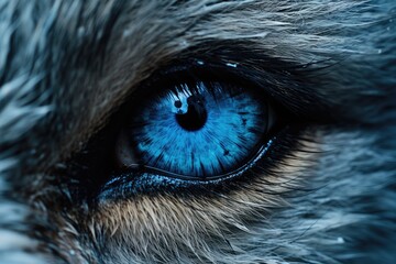 blue eye of a fox close-up. tinted. tinted, close up of super bright blue wolf eyes extreme detail, AI Generated