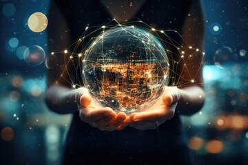 Businesswoman on blurred background holding holographic globe in her hands 3D rendering, Close up...