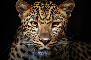 Naklejka premium Portrait of a leopard on a black background, close-up, close up portrait of a leopard head, AI Generated