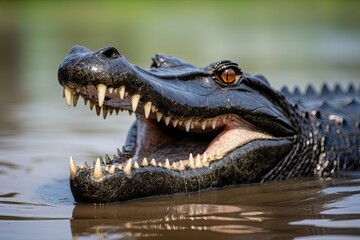 Obraz premium Close up of a crocodile in the water, Kruger National Park, South Africa, Closeup of a Black Caiman profile with open mouth against defocused background at the water edge, AI Generated