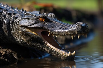 Obraz premium Crocodile with open mouth, Pantanal, Brazil, Closeup of a Black Caiman profile with open mouth against defocused background at the water edge, AI Generated